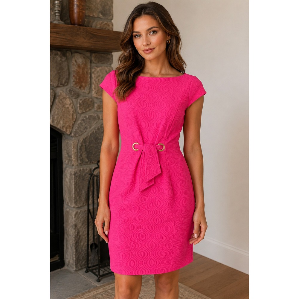 Just Taylor Hot Pink Textured Sheath Dress Size 6 NWT S Gold Grommet Tie Waist